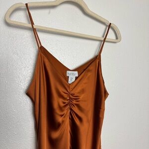 Nicole Miller Copper Thin Strap Triangle Ruched Midi Dress Leg Slit‎